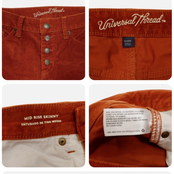 Universal Thread Mid Rise Skinny Corduroy Pants  6/28 Womens Rust Orange Brown - Picture 3 of 4